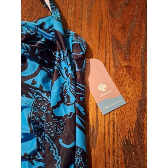 New Large Smismivo Blue Black Ruched Tummy Control Swimsuit Bathing Suit NWT - Picture 2 of 6